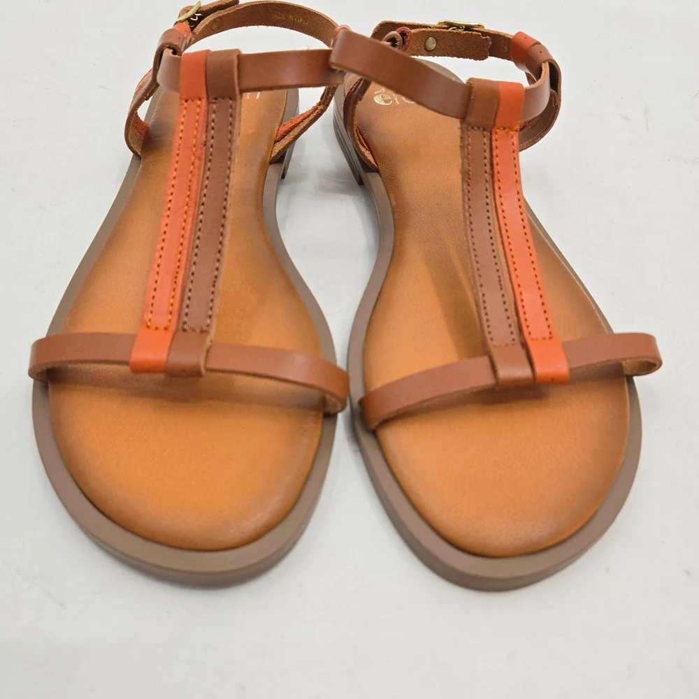Eram Sandals women's 38‎ Brown Orange Leather T-Strap Made in Italy Buckle